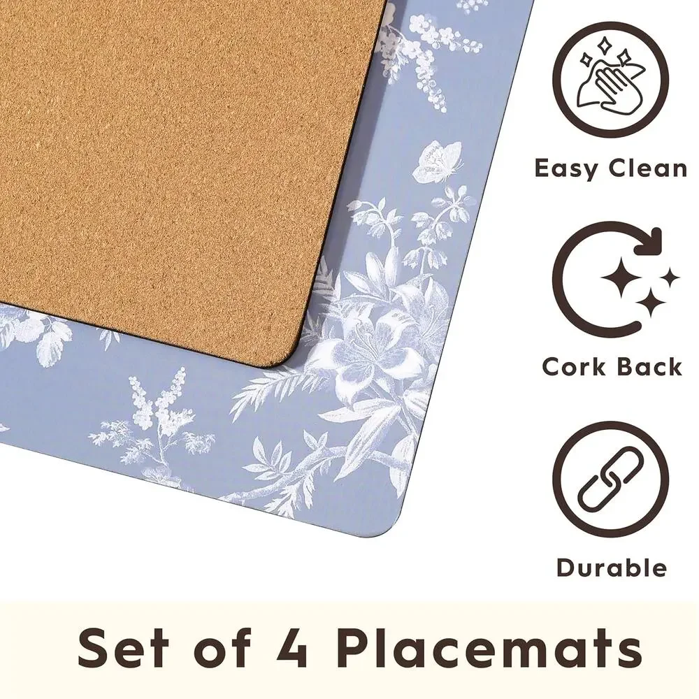 Laura Ashley Cork Placemats 12x16 Blue & White Spring Floral Set of 4 NEW